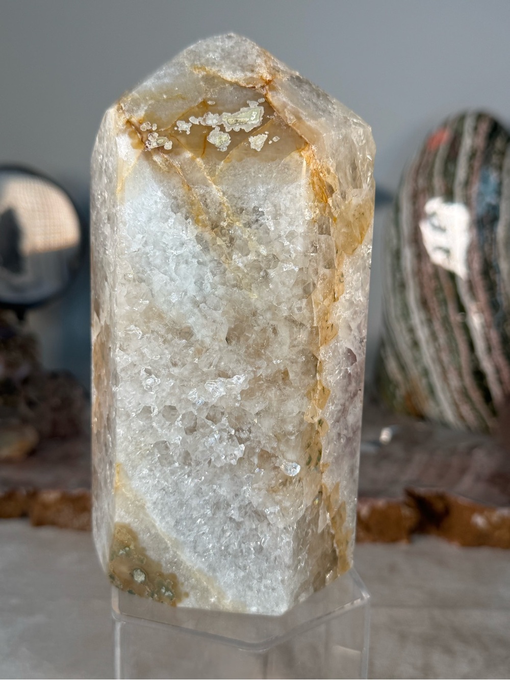 Sugar Druzy Amethyst Agate Tower – 6.5” Natural Crystal Tower | Druzy Sparkle | - Picture 9 of 15